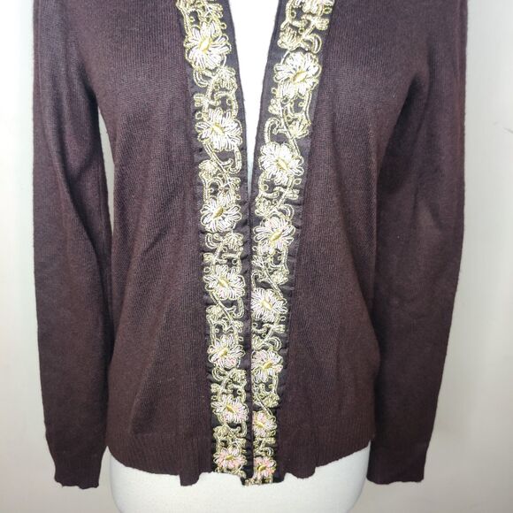 Cache Embroidered Cardigan Beaded Sequin Trim Open Front - Picture 3 of 12